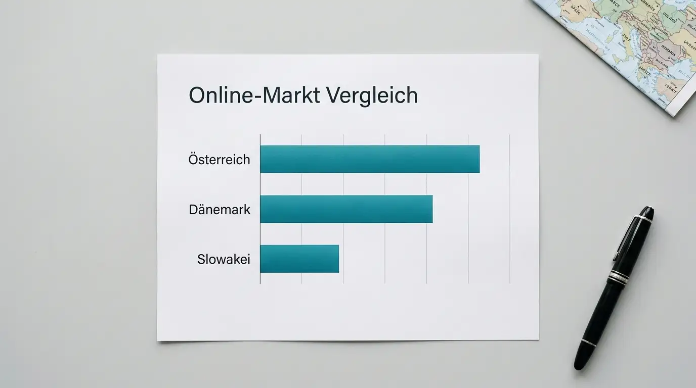 Balkendiagramm zum Online-Glücksspielmarkt im Vergleich Österreich, Dänemark und Slowakei