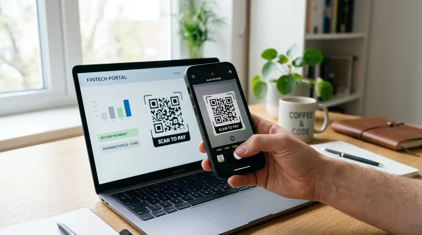 Smartphone scannt einen photoTAN-QR-Code von einem Computer-Bildschirm