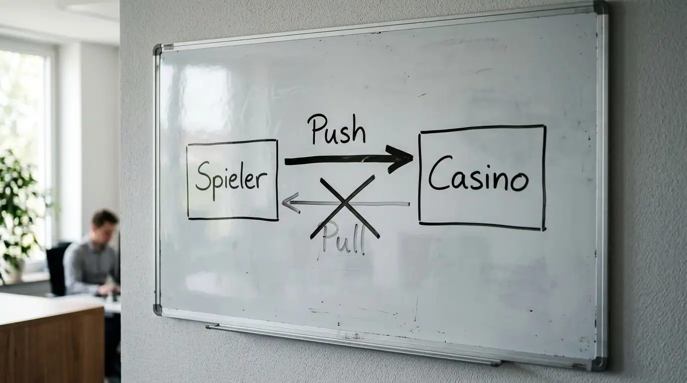 Skizziertes Pfeil-Diagramm mit Push- und Pull-Zahlungsrichtungen auf einem Whiteboard