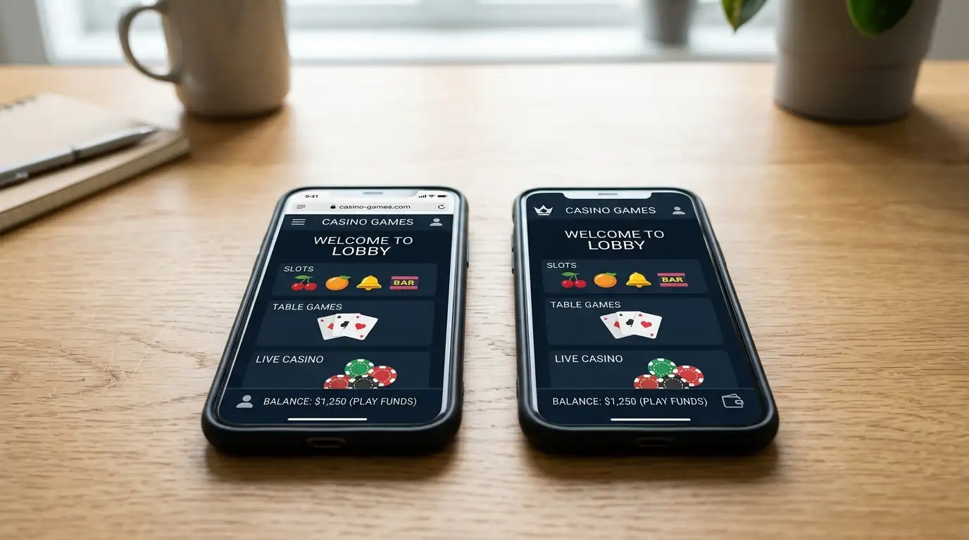 Vergleich einer Casino-PWA-Oberfläche mit einer nativen App auf zwei Smartphones