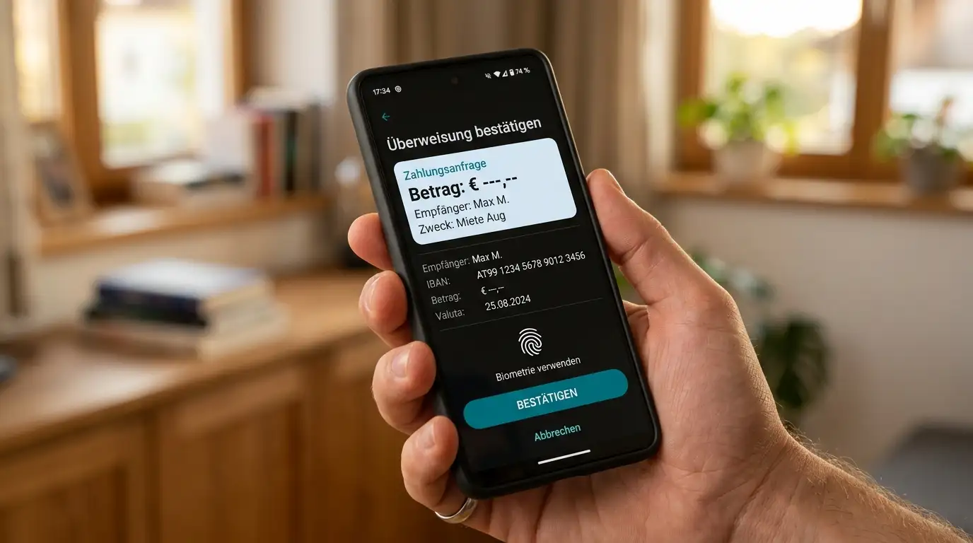 Hand hält Smartphone mit RaiffeisenSign-App und sichtbarer Push-Bestätigungs-Anzeige