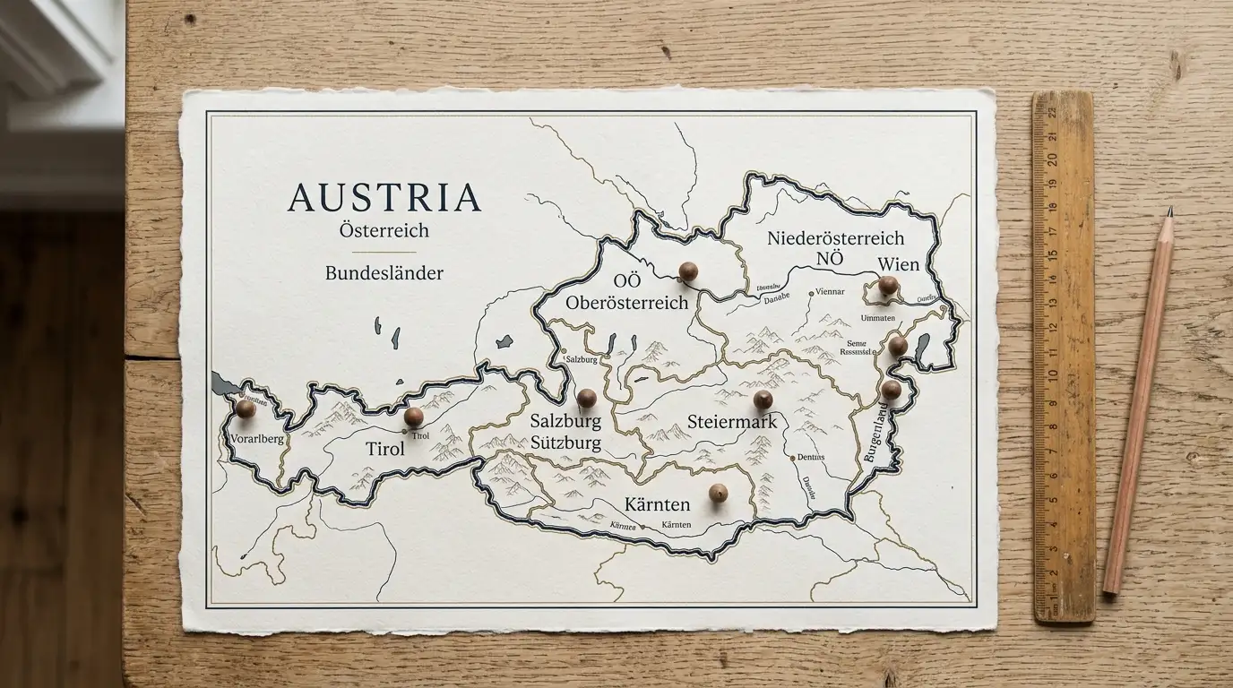 Stilisierte Karte von Österreich mit markierten regionalen Volksbank-Standorten auf einem Schreibtisch