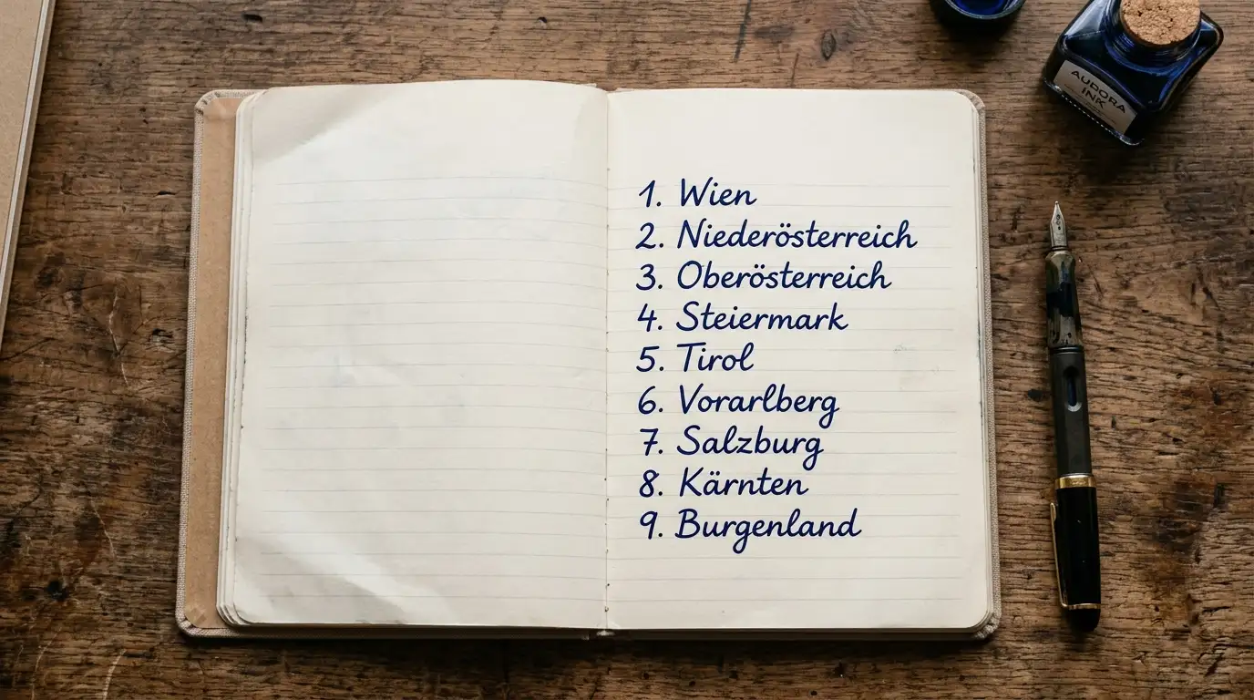 Aufgeschlagenes Notizbuch mit handschriftlicher Liste österreichischer Raiffeisen-Landesbanken