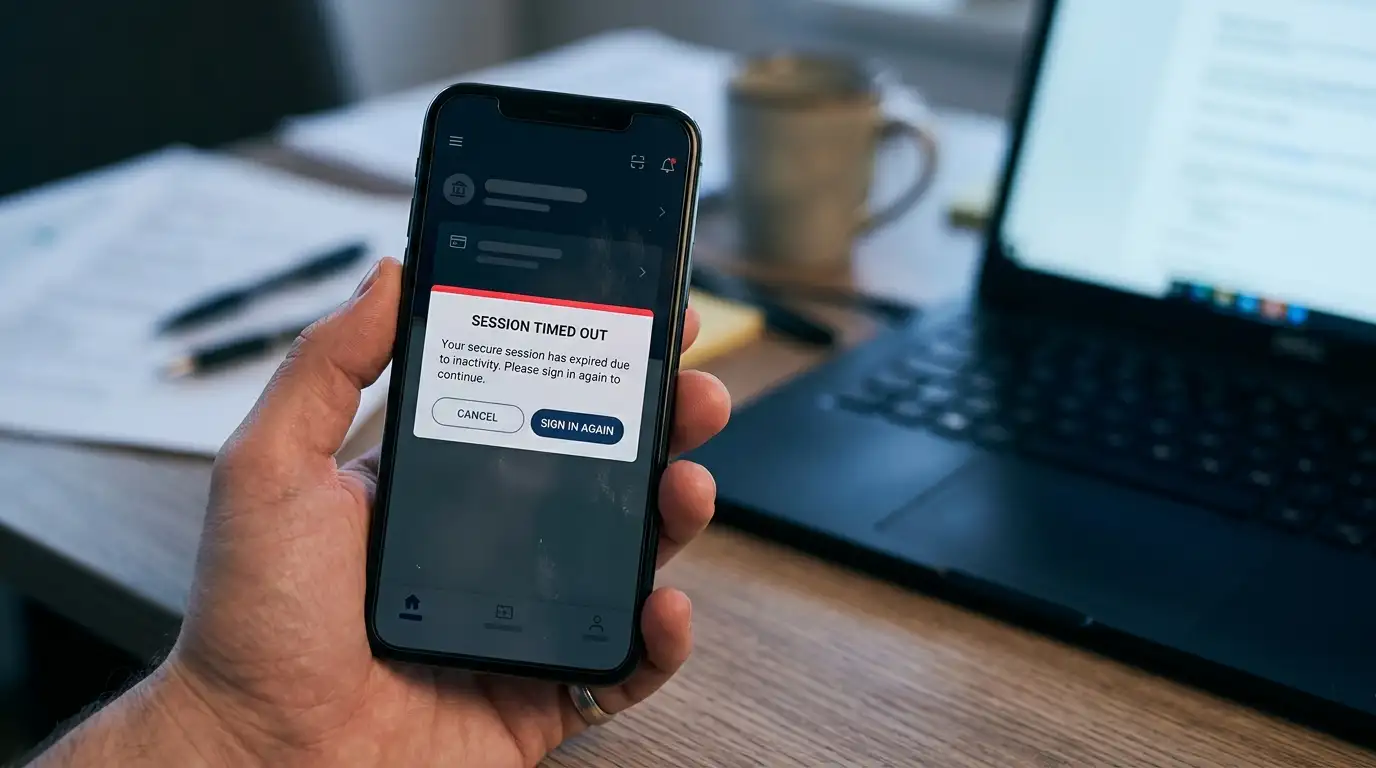 Banking-App mit Timeout-Hinweis bei verspäteter SCA-Bestätigung
