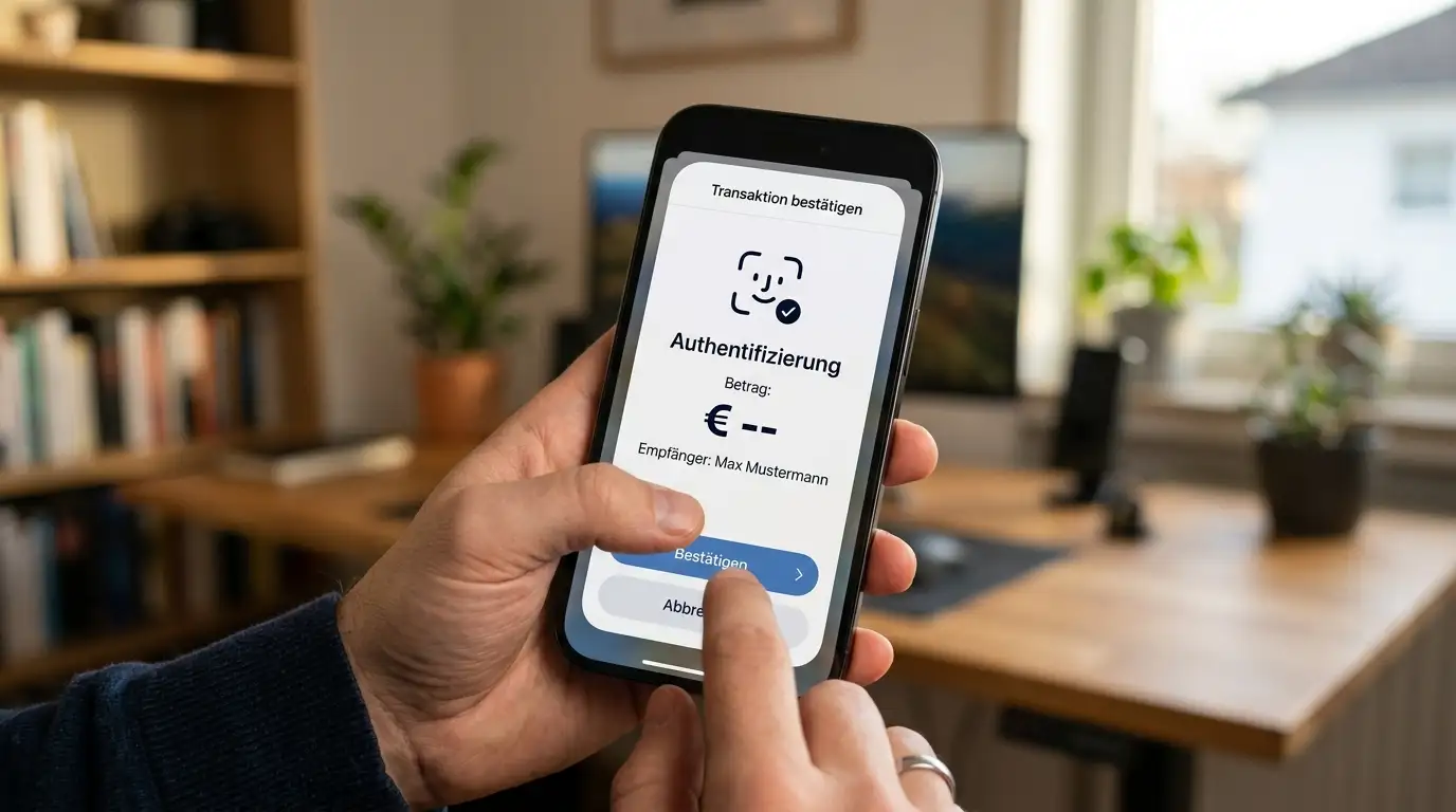 scotty-App auf einem Smartphone mit Face-ID-Bestätigung für eine Banktransaktion