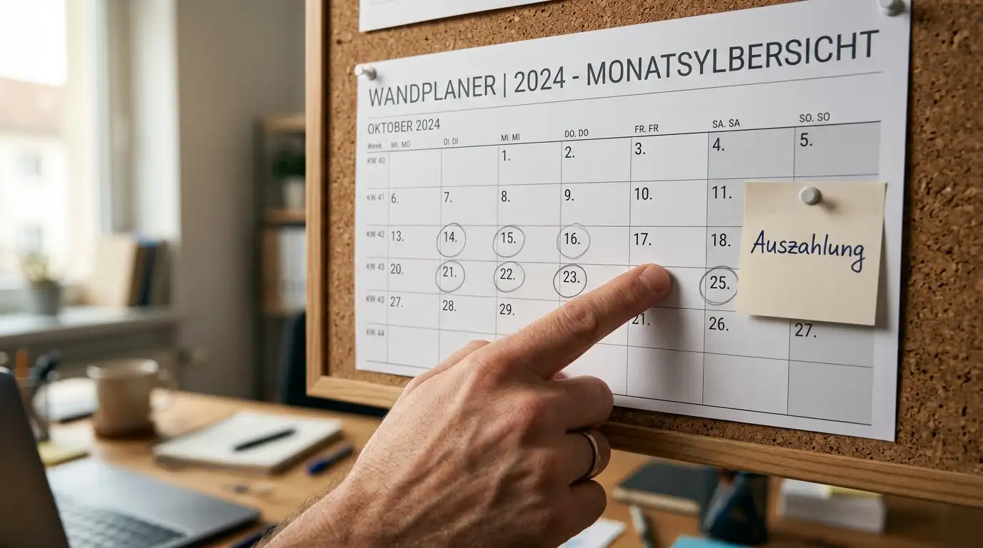 Hand zeigt auf einen Wandplaner mit markierten Bankwerktagen für die Auszahlungs-Bearbeitung