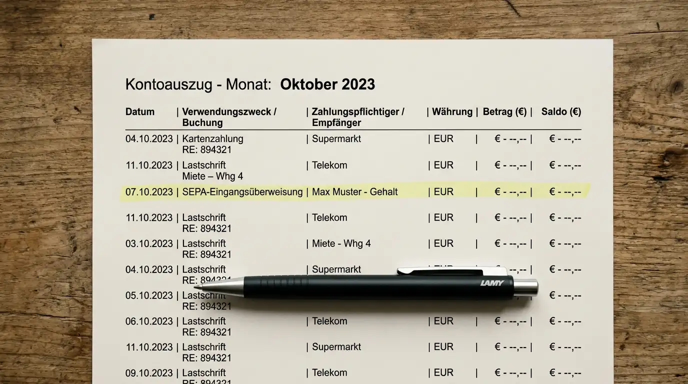 Banking-Kontoauszug auf einem Schreibtisch mit hervorgehobener SEPA-Eingangsüberweisung