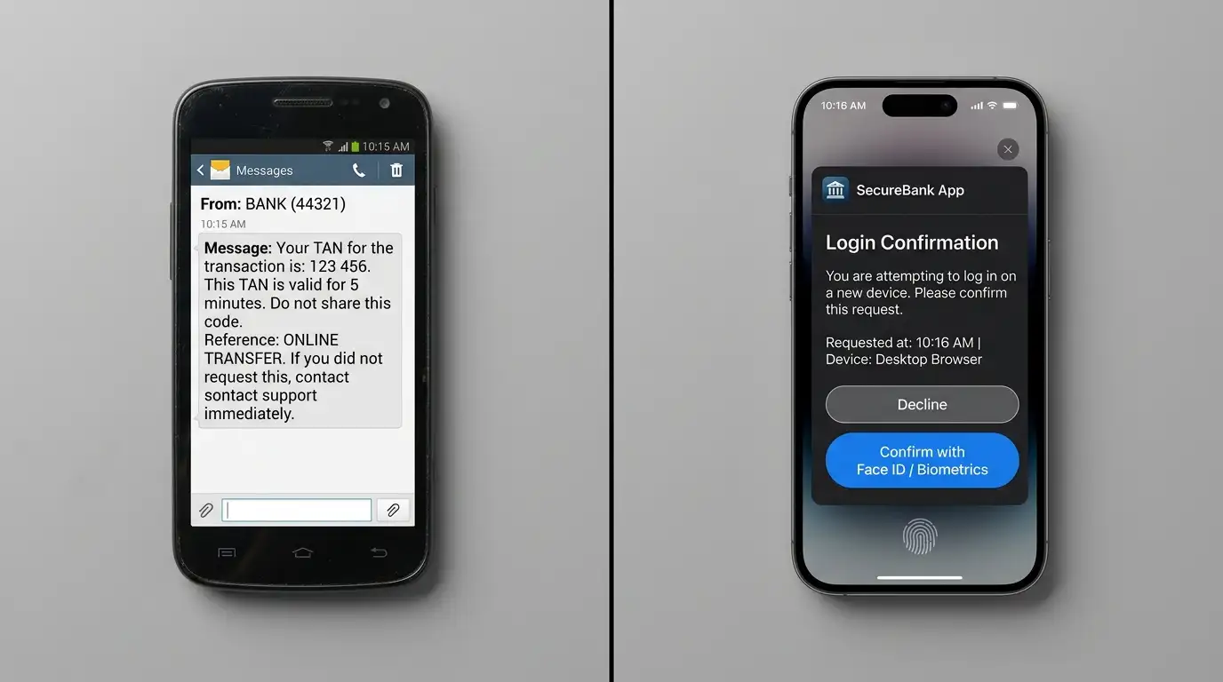 Vergleich von alter SMS-TAN und moderner pushTAN-Bestätigung nebeneinander
