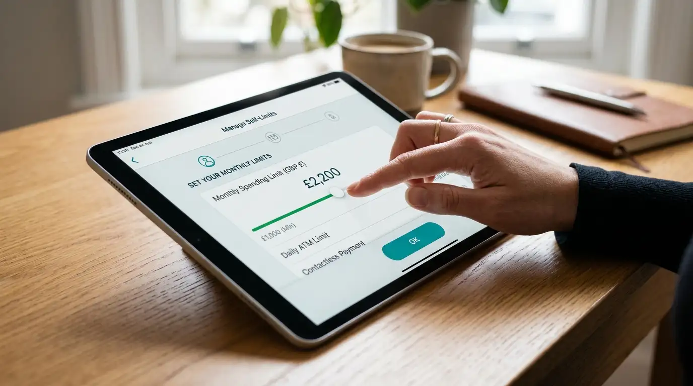Hand stellt ein Selbst-Limit im Online-Banking auf einem Tablet ein, mit deutlich sichtbarem Eingabeschieber