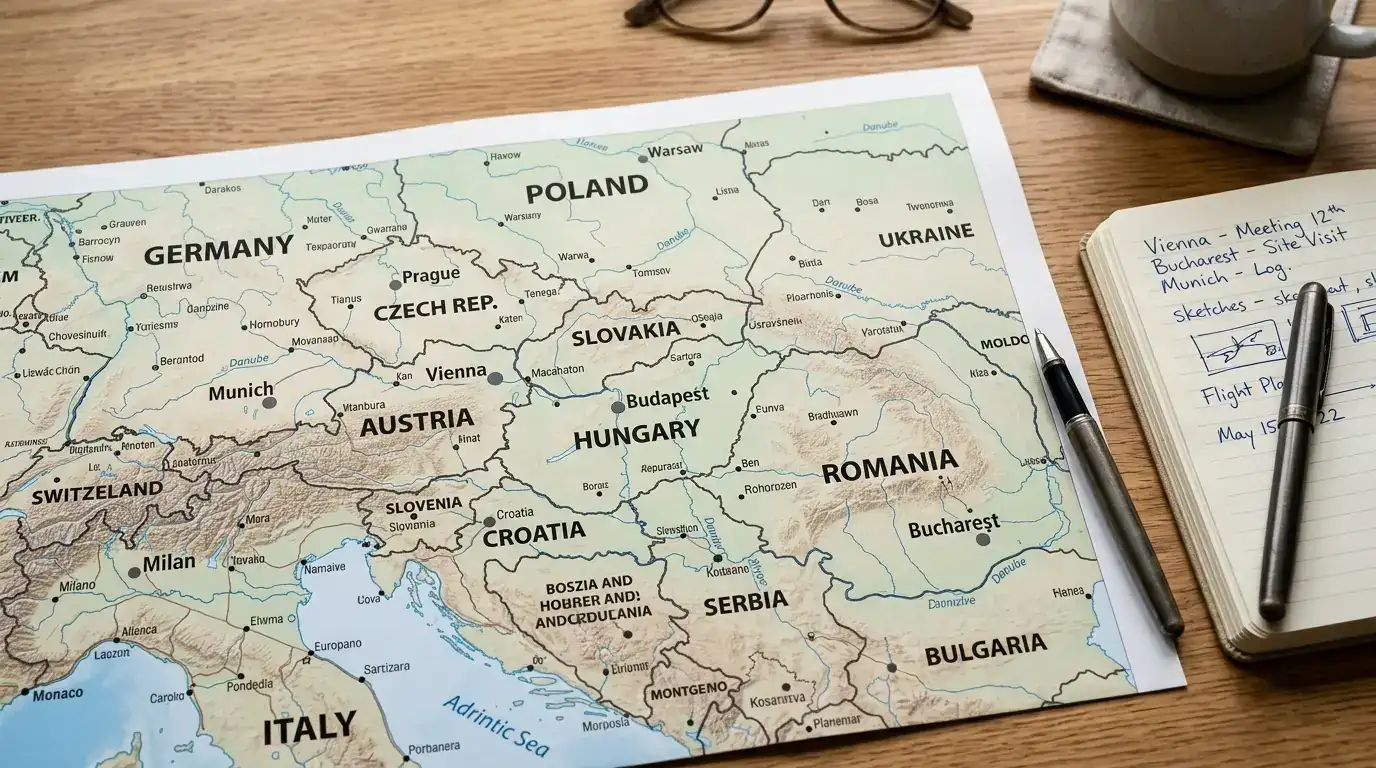 Europakarte mit hervorgehobenen UniCredit-Standorten in Mittel- und Osteuropa auf einem Bürotisch