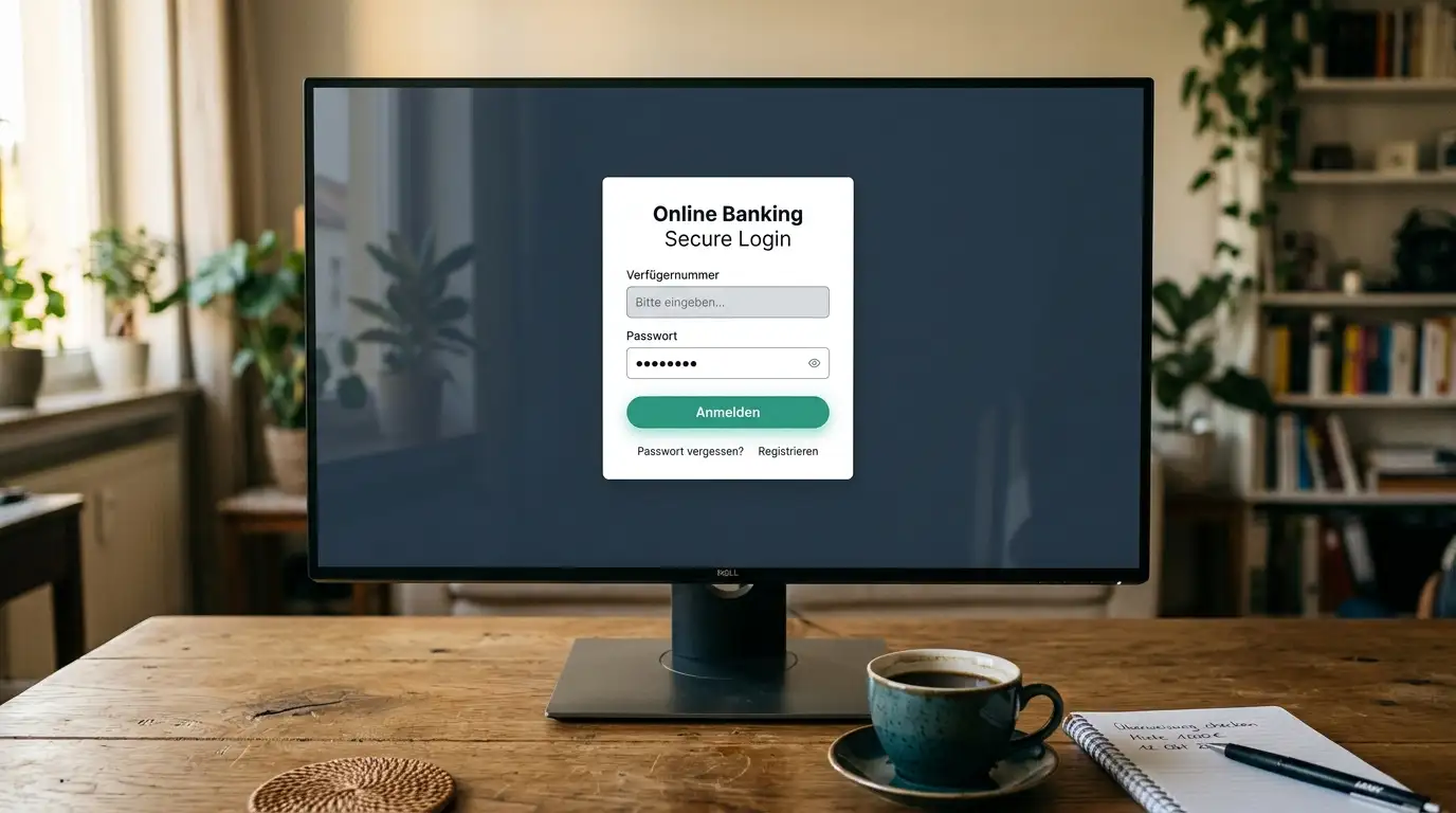 e-banking-Volksbank-Anmeldebildschirm mit Eingabefeldern für Verfügernummer und Passwort am Desktop