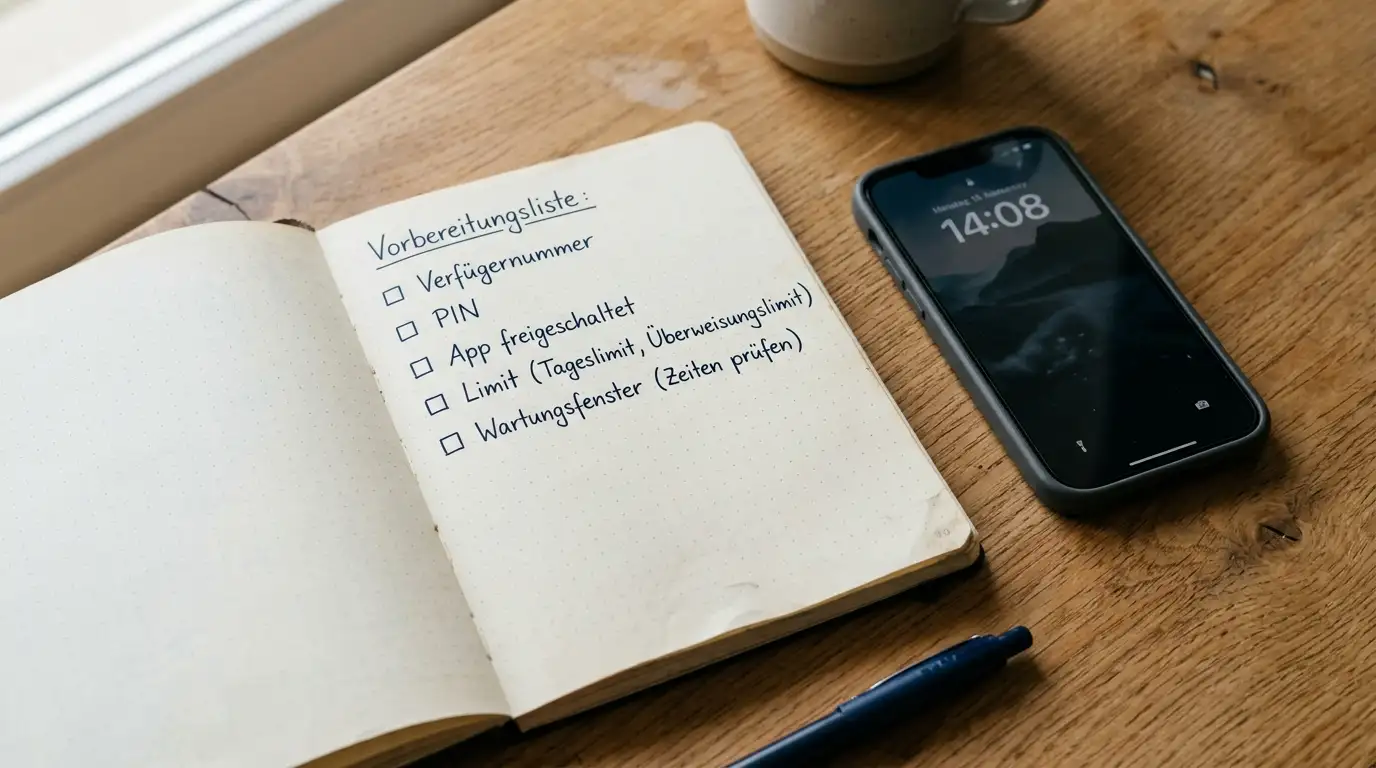 Aufgeschlagenes Notizbuch mit handschriftlicher Banking-Vorbereitungs-Liste neben einem Smartphone