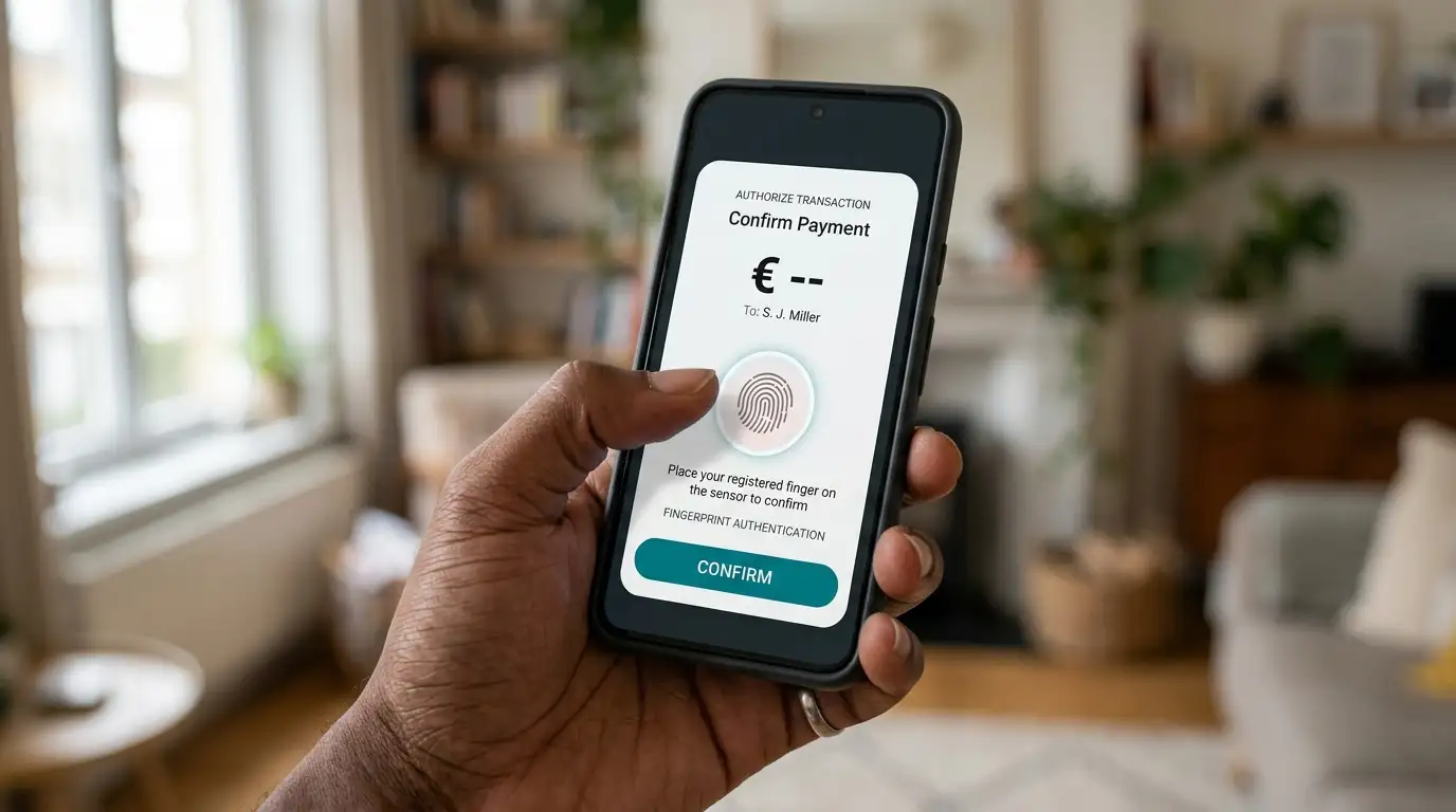 Smartphone in der Hand mit geöffneter Volksbank-Signatur-App und Fingerabdruck-Sensor-Anforderung