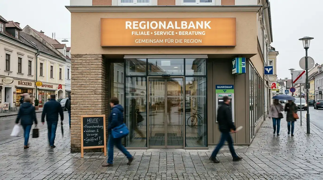 Volksbank-Filiale mit charakteristischem orangem Logo und Eingangsschild aus österreichischer Stadt