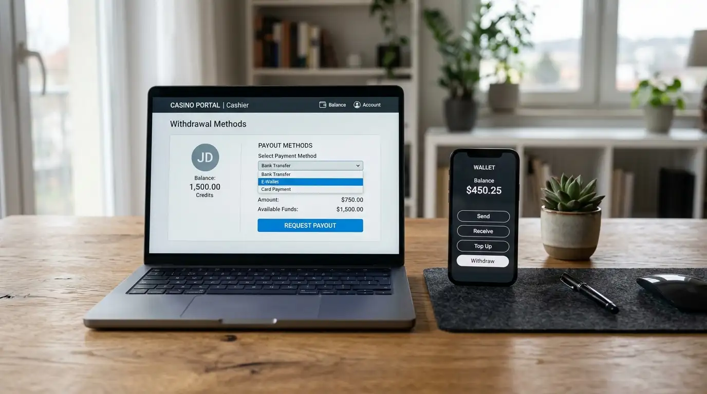 Smartphone mit geöffneter E-Wallet-App neben Laptop mit Casino-Auszahlungs-Optionen